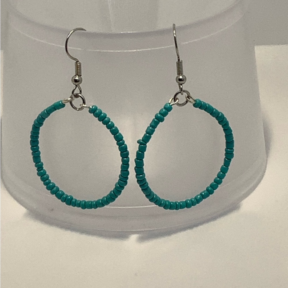 Turquoise beaded hoop earrings handmade seed bead dangle circle earrings